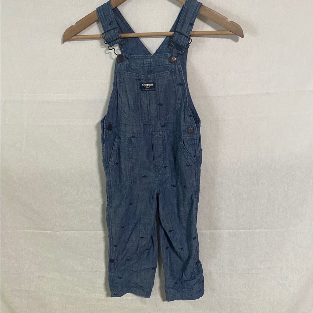 OshKosh B'gosh Classic Blue Denim Overalls with tiny dinosaurs wear long or roll
